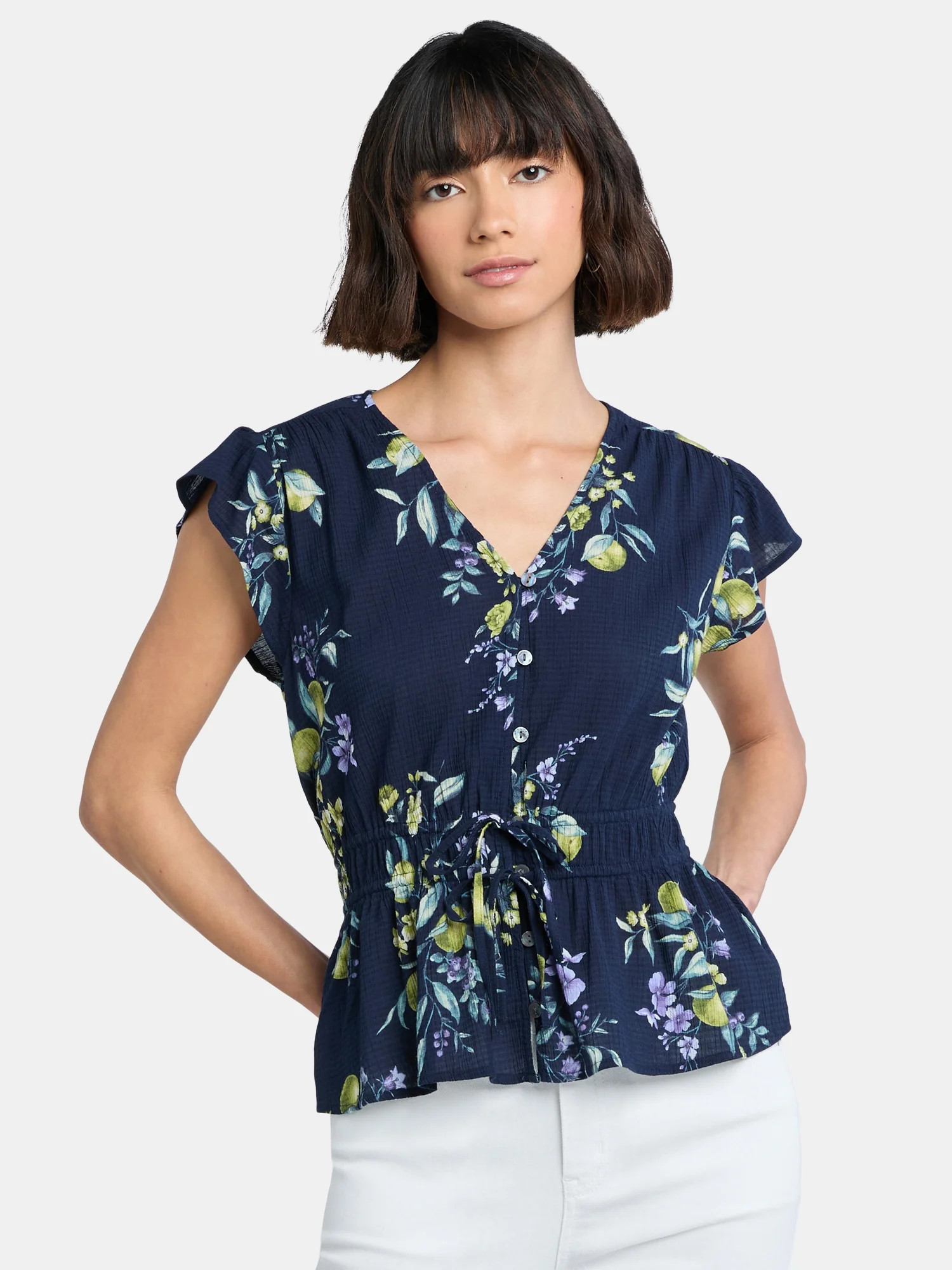 Time And Tru Women's Peplum Top with Flutter Sleeves, Sizes XS-XXXL | Walmart (US)