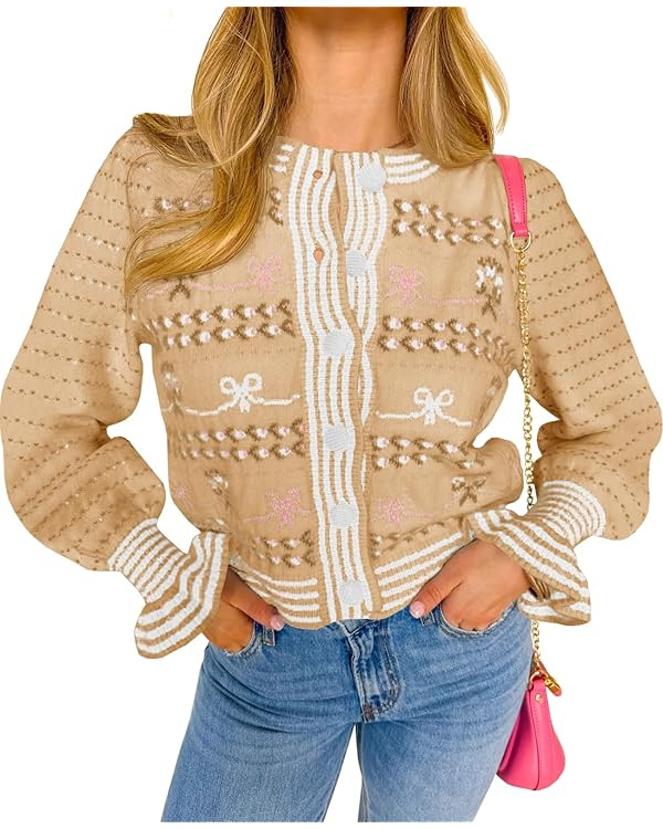 Saodimallsu Womens Cropped Cardigan Striped Puff Ruffle Sleeve Cute Graphic Button Bow Knitted Sw... | Amazon (US)