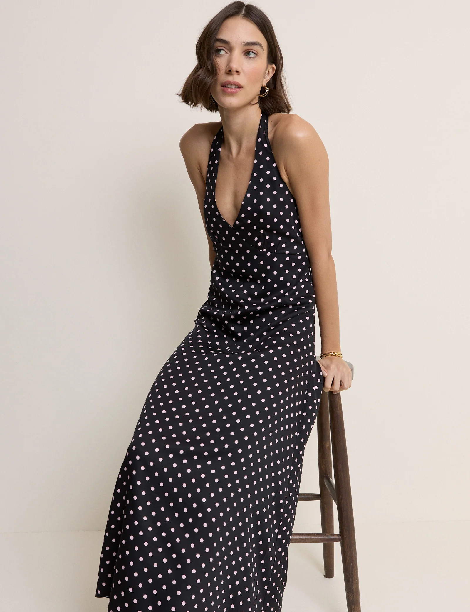 Black Polka Dot Halterneck Lynette Midi Dress | Nobody's Child