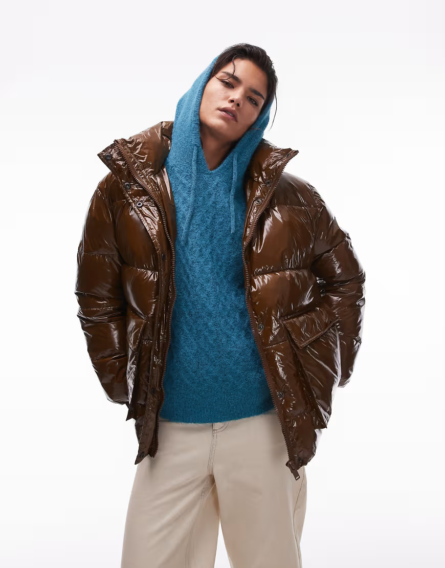 Topshop puffer bomber jacket in choc-Brown | ASOS (Global)