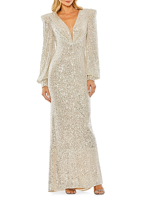 Sequined Blouson-Sleeve Plunge Gown | Saks Fifth Avenue
