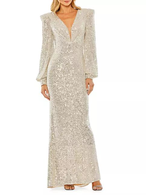 Sequined Blouson-Sleeve Plunge Gown | Saks Fifth Avenue