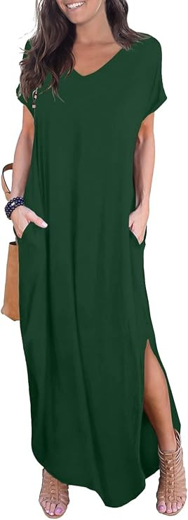 GRECERELLE Women's Summer Maxi Dress Casual Loose V Neck Short Sleeve Side Split Long Dresses wit... | Amazon (US)
