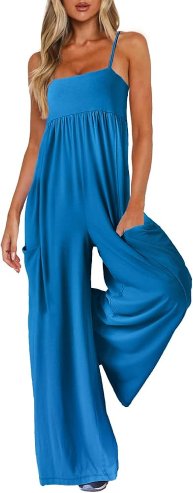 Jumpsuits for Women Spaghetti Strap Wide Leg One Piece Overalls Summer Rompers with Pockets Beach... | Amazon (US)