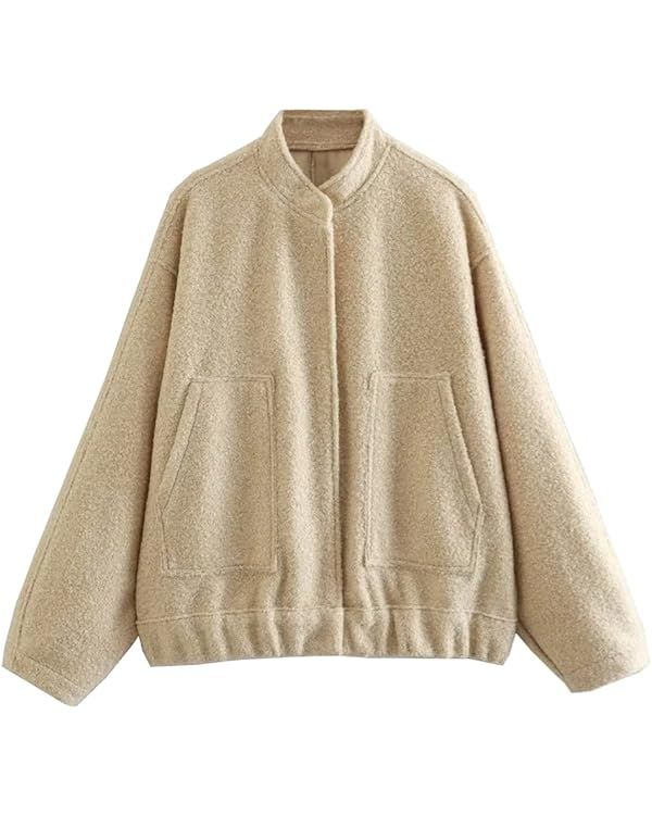 KEOMUD Women's Oversized Wool Blend Bomber Jacket Long Sleeve Button Down Lightweight Varsity Jac... | Amazon (US)
