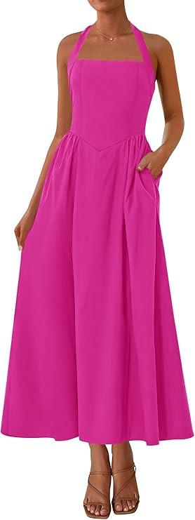 KIRUNDO Summer Dresses for Women 2026 Halter Maxi Wedding Guest Party Cocktail Semi Formal Elegan... | Amazon (US)