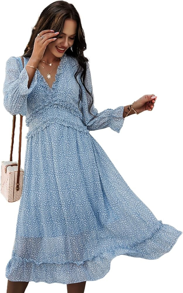 Simplee Women's V Neck Ruffles Floral Printed Long Sleeve Dress High Elastic Waist Flowing Midi Dres | Amazon (US)