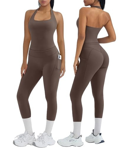 OMKAGI 2 Piece Workout Sets for Women Halter Tops Booty Leggings with Pockets Gym Outfits(XS,460-Brown) | Amazon (US)