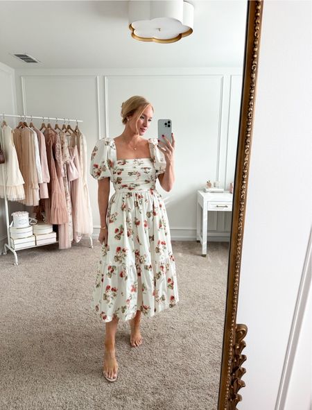 Wedding Guest Dress Idea- this midi dress from Abercrombie is the perfect pick for a spring or summer wedding. This exact pattern is not available but there are many other options to pick from. Pair it with clear heels  
Use the code AMANDAJOHNxSPANX to save on my favorite undergarments 

#LTKstyletip #LTKwedding #LTKparties