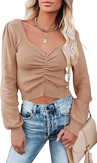 PRETTYGARDEN Fall Long Sleeve Cropped Sweaters for Women 2023 Off The Shoulder V Neck Ruched Ribb... | Amazon (US)