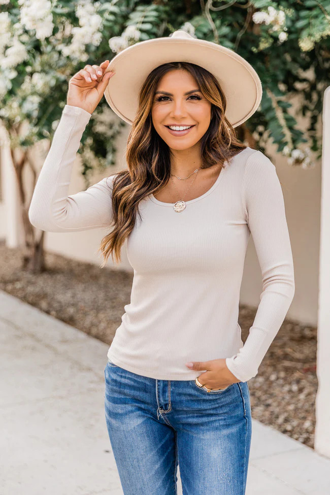 Farewell Song Beige Square Neck Ribbed Blouse | Pink Lily