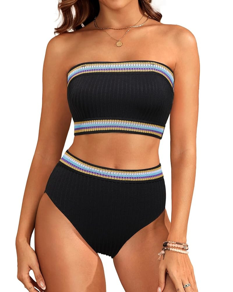 Daci High Waisted Bandeau Bikini Set - Women Strapless Two Piece Swimsuits Ribbed Full Coverage B... | Amazon (US)
