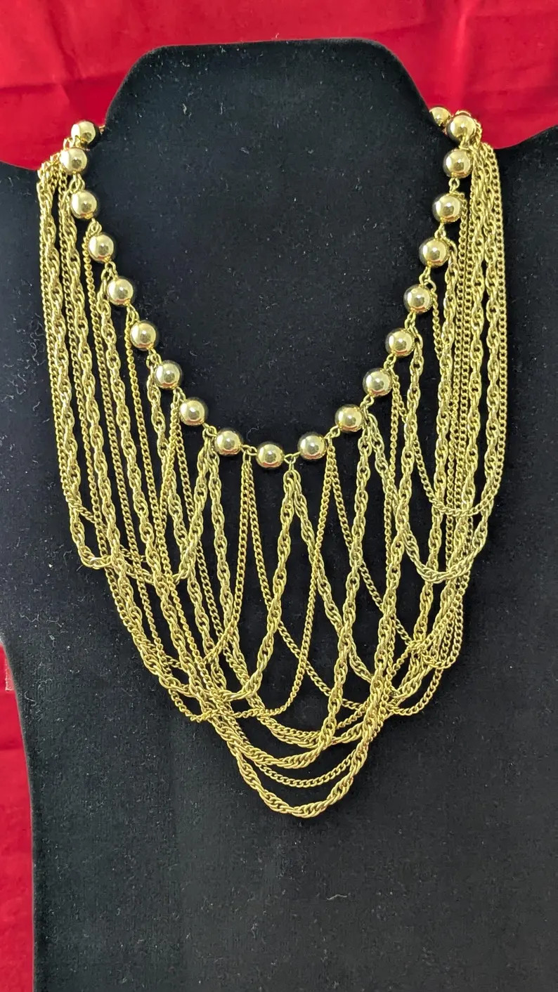 Ladies Gold Tone Multiple Strand Gold Liquid Draped Bib Waterfall Necklace | Etsy (US)