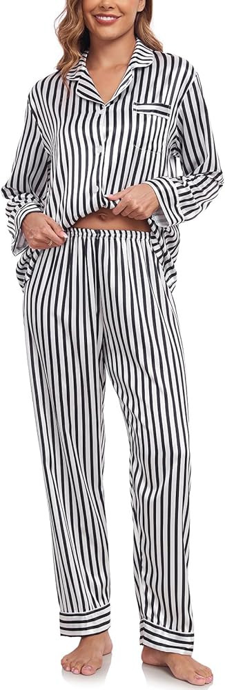 BestWendding Womens Satin Pajama Set Soft Long Sleeve Button Down Sleepwear 2 Piece Striped Loung... | Amazon (US)