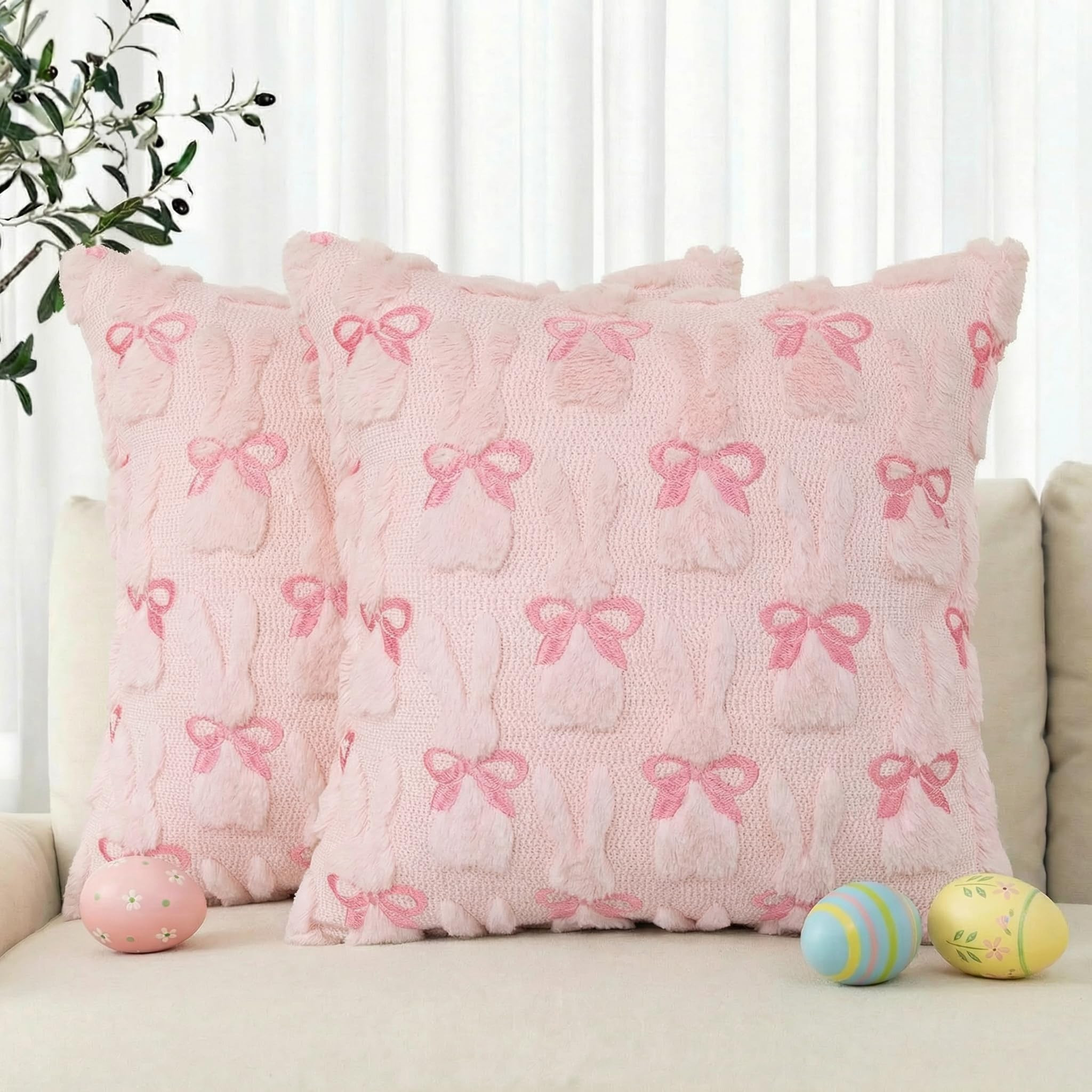 AVOIN colorlife Easter Rabbits Pink Embroidered Throw Pillow Covers, 18 x 18 Inch Bunny Soft Plus... | Amazon (US)