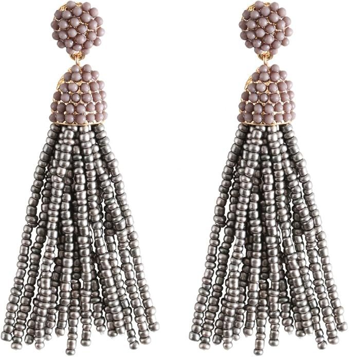 NLCAC Women's Beaded tassel earrings Long Fringe Drop Earrings Dangle 6 Colors | Amazon (US)