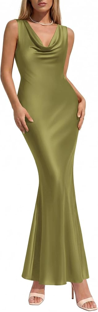 KIRUNDO Womens Cowl Neck Sleeveless Bodycon Satin Maxi Dress | Amazon (US)