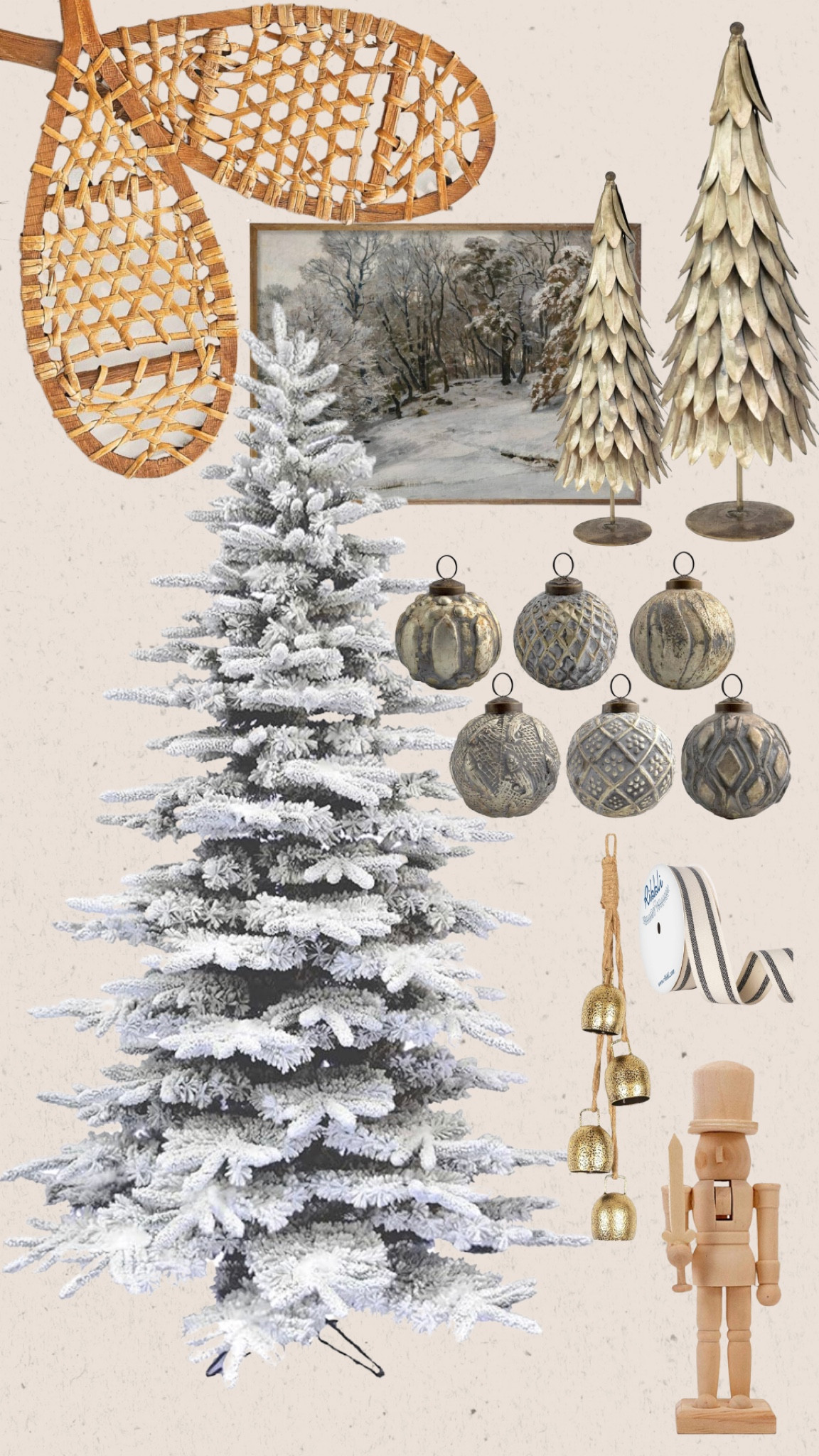 Neutral Amazon Christmas finds! Love all of these. Flocked tree. Antique brass tree. Ticking stripe ribbon. Snow shoes. Vintage art print. 

#LTKHoliday #LTKhome
