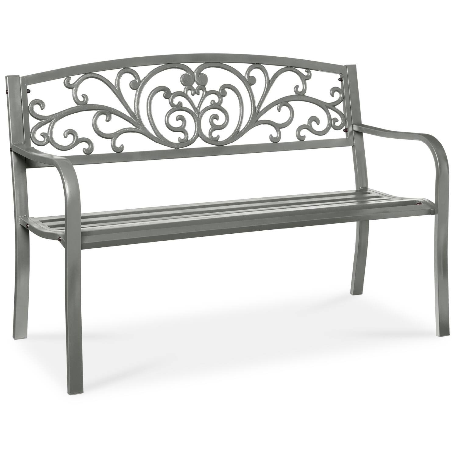 Best Choice Products - Outdoor Steel Bench Garden Patio Porch Furniture w/ Floral Design Backrest - Gray | Best Buy U.S.