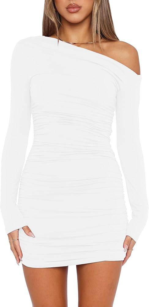 Mokoru Women's Sexy Elegant Off Shoulder Long Sleeve Ruched Bodycon Cocktail Party Mini Dresses | Amazon (US)