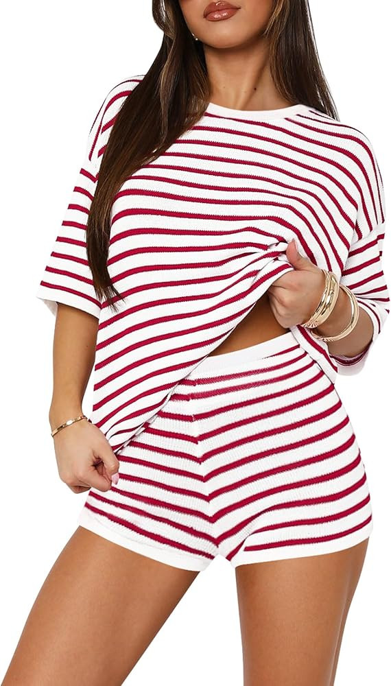 Yousify 2 Piece Sweater Set for Womens Summer Short Sleeve Tops Striped Matching Shorts Lounge Se... | Amazon (US)