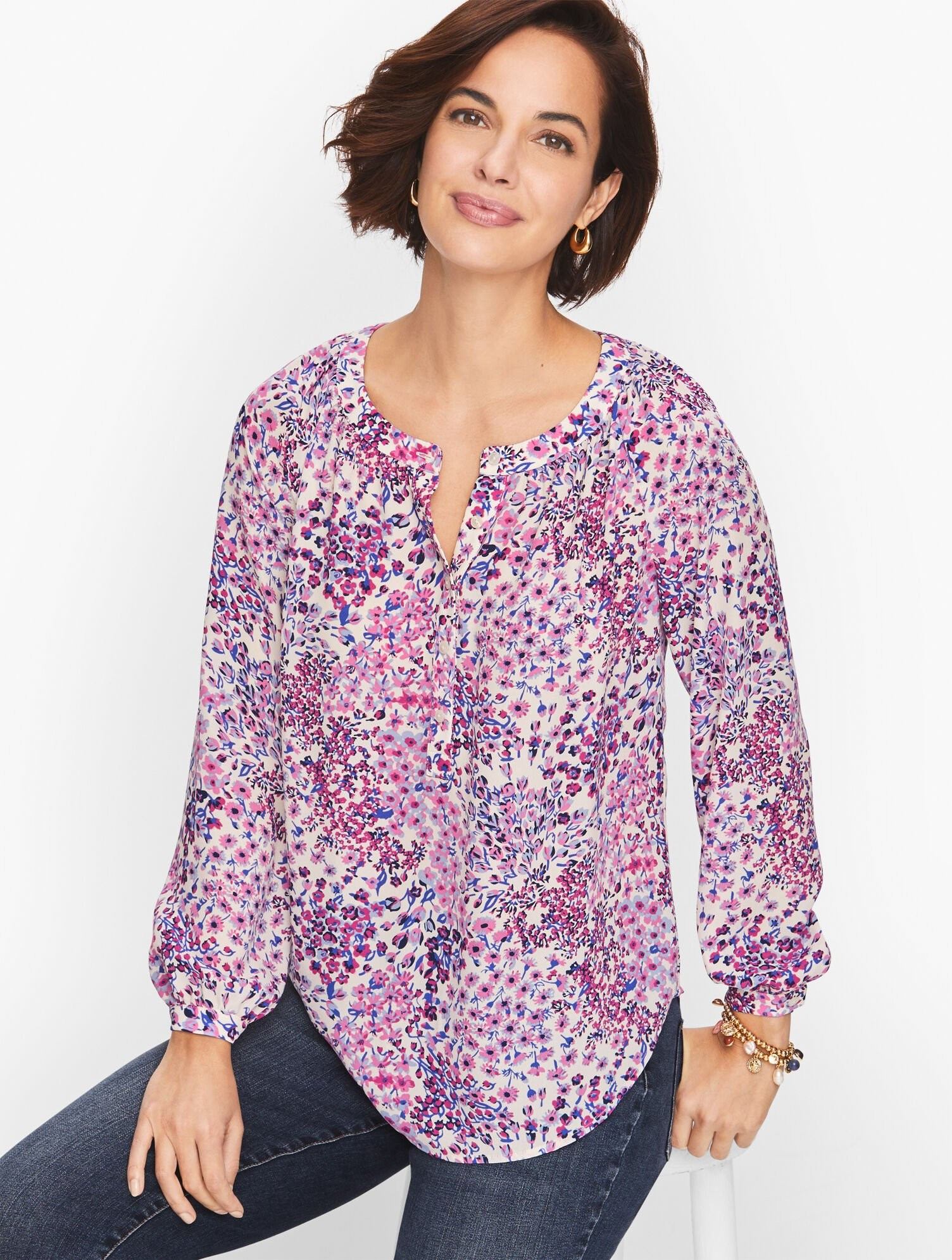 Crepe Band Collar Top - Floral Garden | Talbots