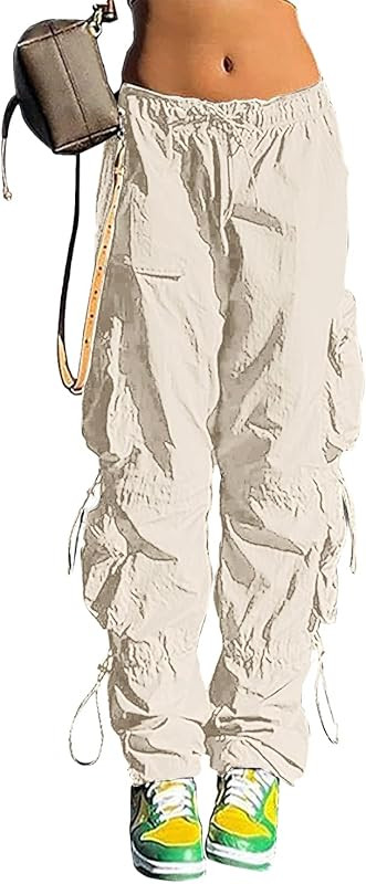 QYANGG Baggy Parachute Pants for Women Drawstring Elastic Low Waist Ruched Cargo Pants Multiple P... | Amazon (US)