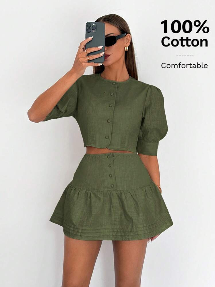 Siren Gaze 100% Cotton Women Summer Casual Front Button Puff Sleeve Top And Mini Skirt Set Winter Green Casual Green Christmas Spring | SHEIN