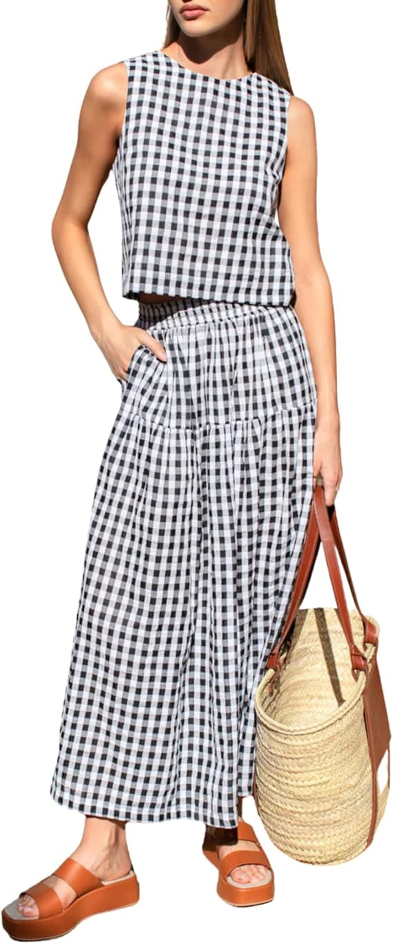 QIBABU Womens Gingham 2 Piece Outfits Casual Sleeveless Crop Top and High Waisted Tiered Skirt Pl... | Amazon (US)