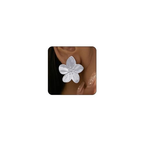 Big Silver Flower Earrings Large Silver Statement Earrings for Women Trendy Chunky Flower Ginkgo Leaf Floral Earring Long Drop Dangle Earring Chunky Jewelry (4 - S) | Amazon (US)