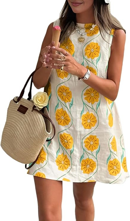 CHARTOU Women 2025 Summer Sleeveless Floral Short Shift Dress Cotton Linen Loose Tank Dress | Amazon (US)