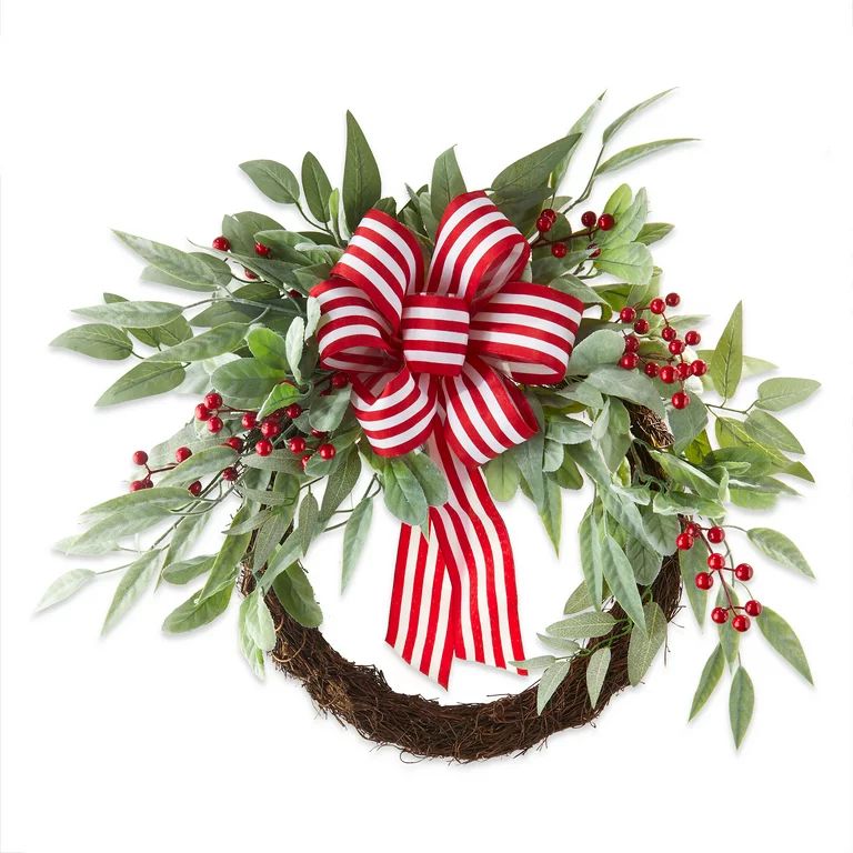 Holiday Time Lambsear With Bow Greenery Un-Lit Christmas Wreath, 24" | Walmart (US)