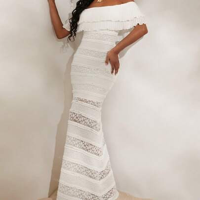 Knitted Lace Off Shoulder Form-Fitting Fish Tail Dress For Women | SHEIN