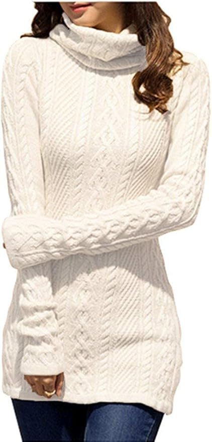 v28 Women Polo Neck Long Slim Fitted Dress Bodycon Turtleneck Cable Knit Sweater | Amazon (US)