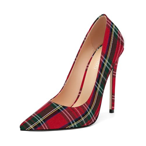 JUSTVINDO Red Plaid Stiletto High Heels Pumps for Women Patent Pointed Closed Toe Slip on Classic Sexy Wedding Dressy Shoes Size 8.5 | Amazon (US)