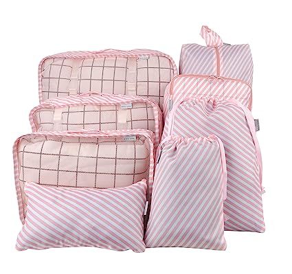 Vercord 8 Pcs Packing Cubes Pods Travel Luggage Suitcase Organizer & Shoes Laundry Bags, Pink Stripe | Amazon (US)