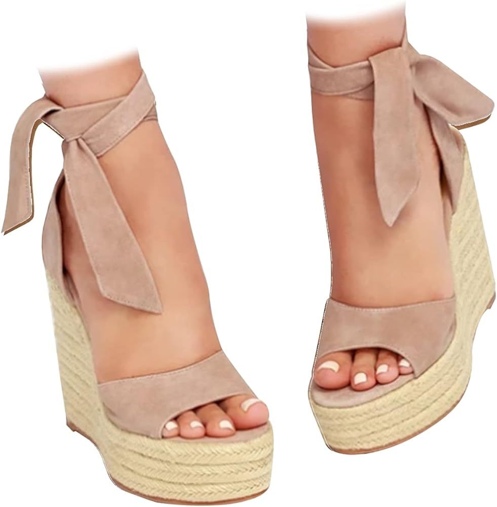 Womens Espadrilles Wedges Sandals Heels Open Toe Tie Lace Up Platform Ankle Strap Summer Dress Shoes | Amazon (US)