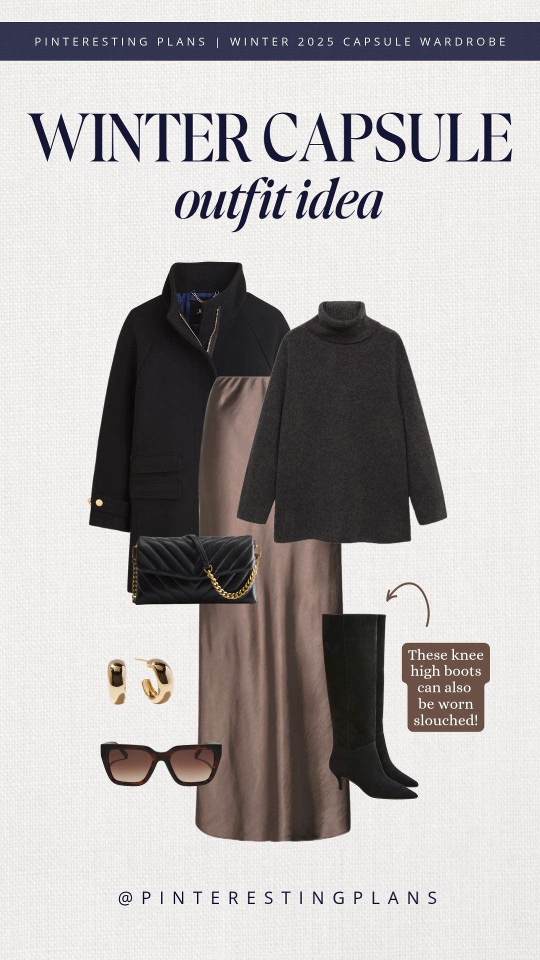 Winter outfit from my winter capsule wardrobe

Gray turtleneck, taupe silk maxi skirt, black suede knee high boots, black coat, gold hoop earrings, black quilted bag, and sunglasses

#LTKOver40 #LTKootd #LTKHoliday