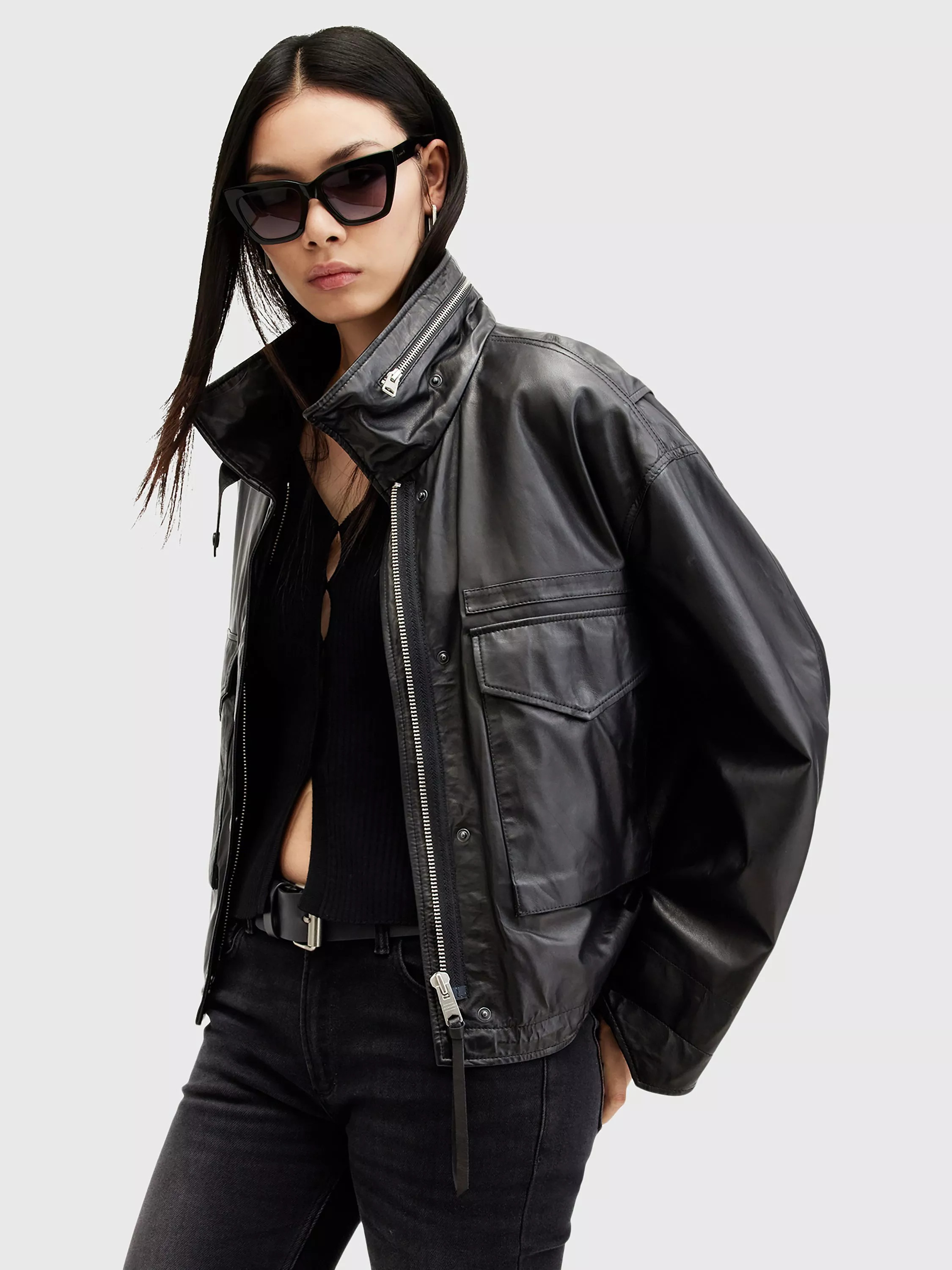 AllSaints Clay Leather Jacket, Black | John Lewis (UK)