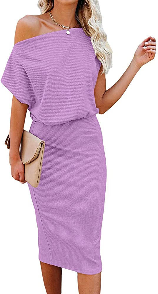 MEROKEETY Women's Off The Shoulder Short Sleeve Midi Dress Summer Ribbed Bodycon Dress for Party | Amazon (US)