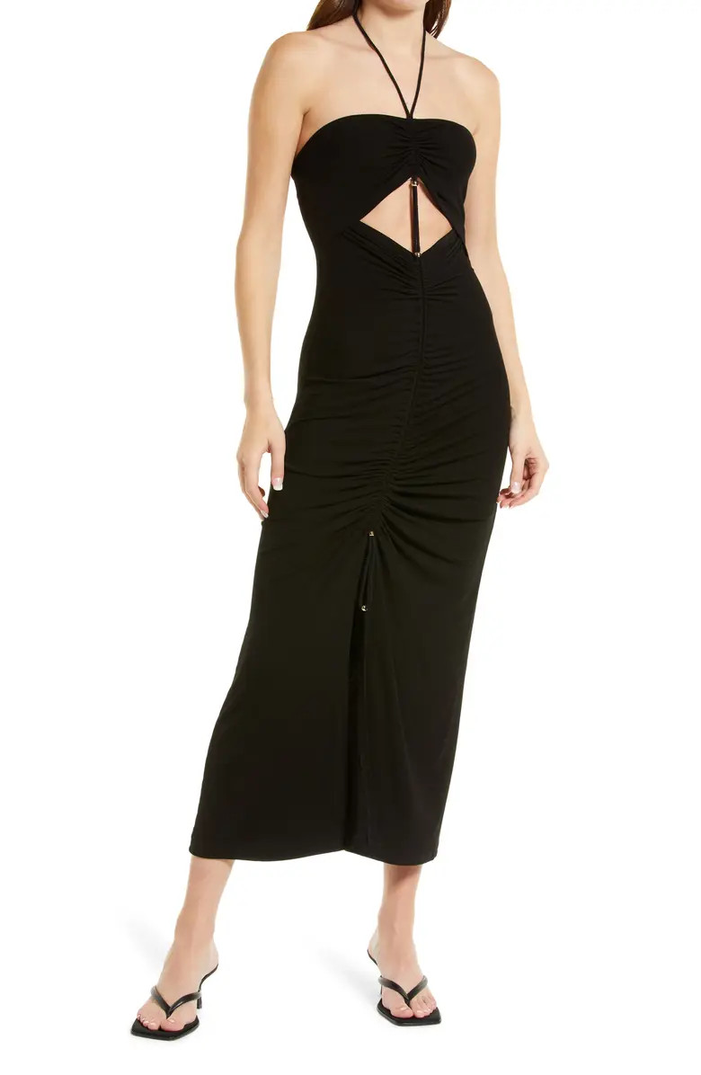 Amy Lynn Vega Ribbed & Ruched Halter Midi Dress | Nordstrom | Nordstrom
