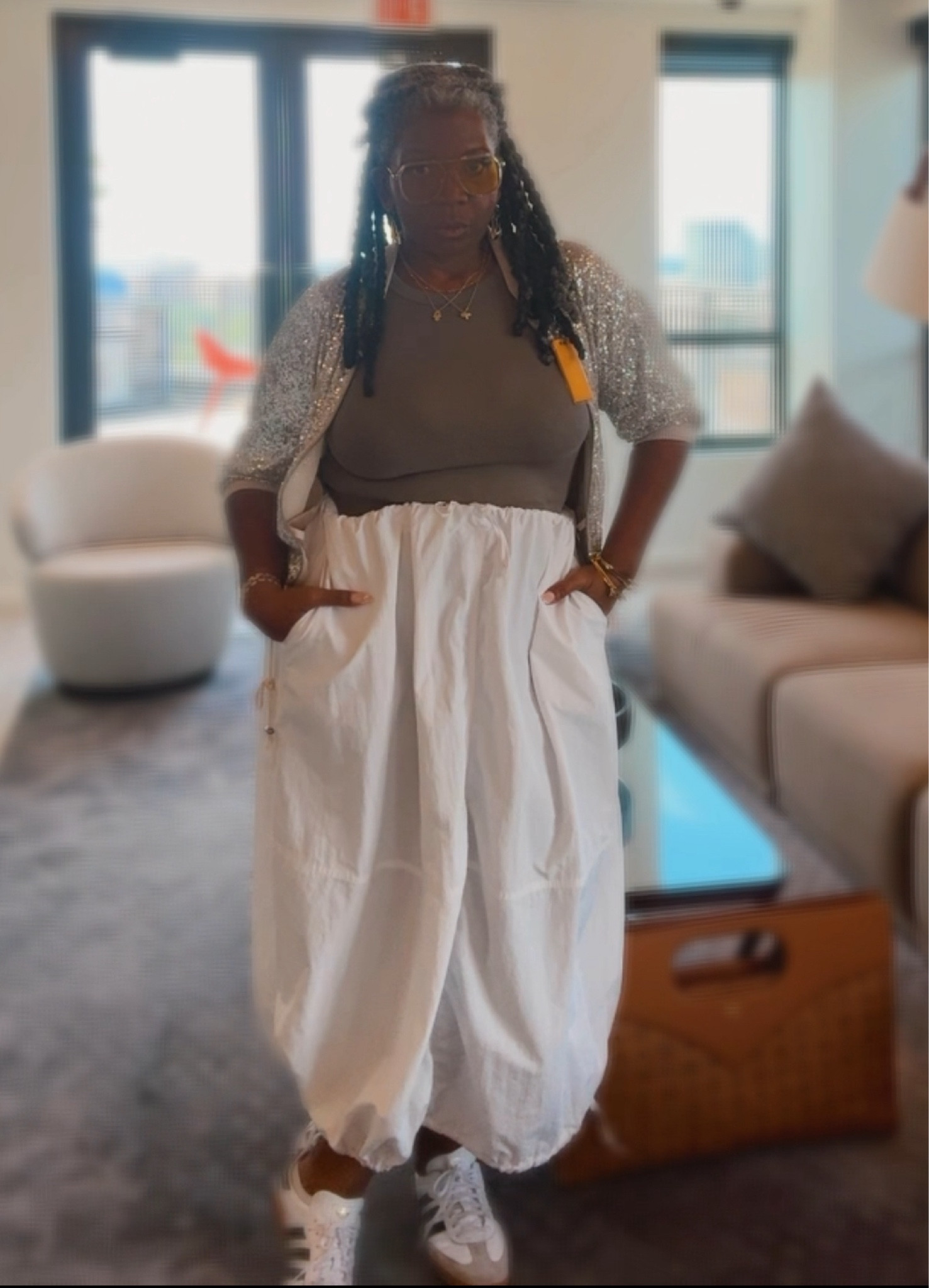 Before you say it: yes that sequin jacket is ✨.  But before you just save it for a “special occasion”, consider pairing it with a tshirt & parachute skirt for a fun biz casual look.  I paired it with my sambas because they’re my fave 💗

#LTKStyleTip #LTKMidsize #LTKOver40