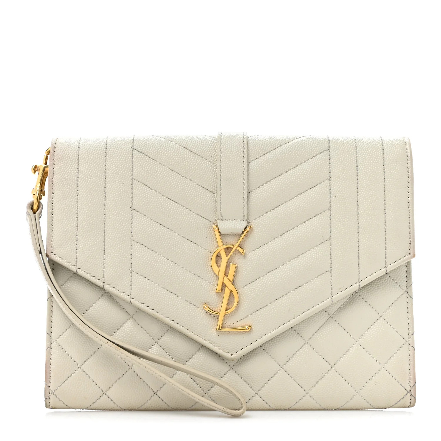 Grain De Poudre Textured Mixed Matelasse Triquilt Monogram Clutch Blanc Vintage | FASHIONPHILE (US)