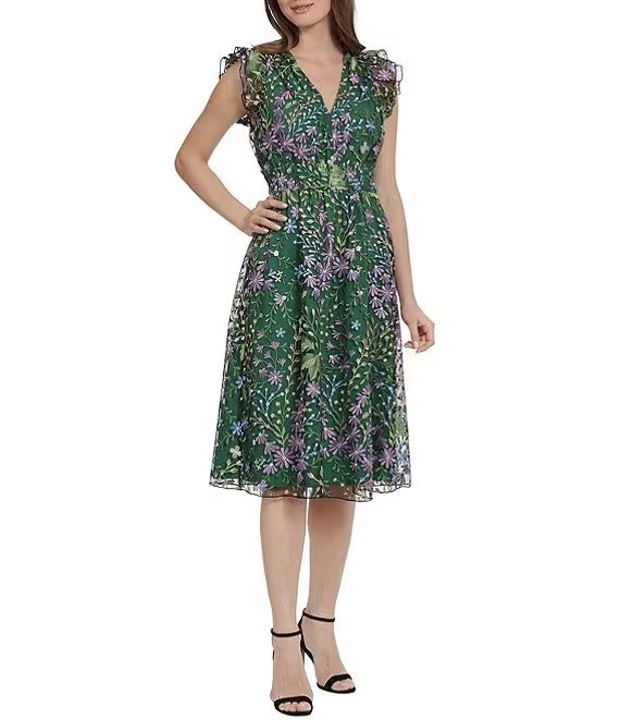 Floral Embroidered Ruffle Trim Sleeveless A-Line Midi Dress | Dillard's