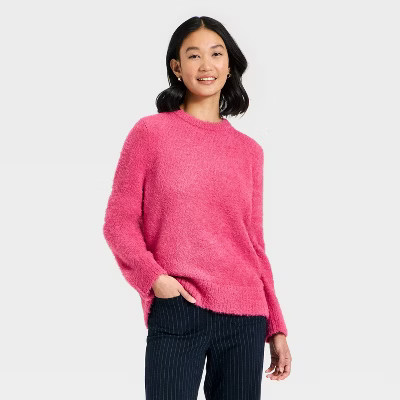 Women's Long Sleeve Fuzzy Pullover Sweater - A New Day™ Pink XS | Target