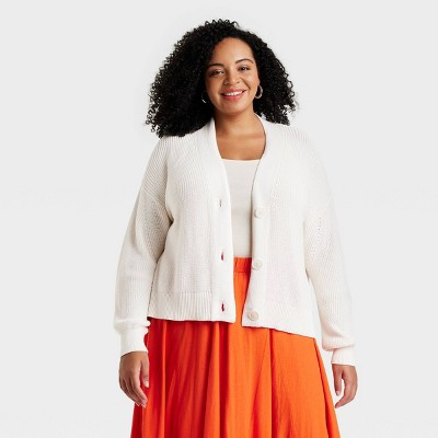 Women's Button-Up Cardigan - Universal Thread™ Cream 2X: Cotton, Midweight, Deep V Neck, Ribbed Cuff | Target