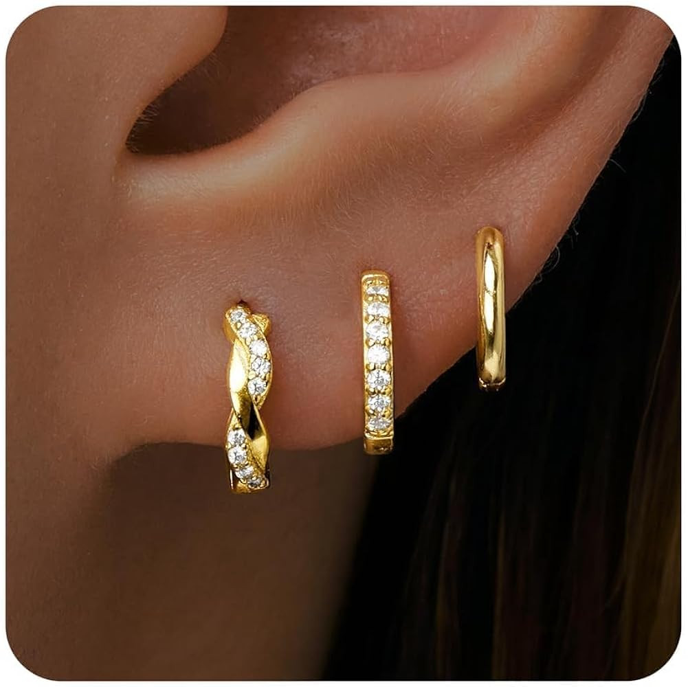 Gold Huggie Hoop Earrings Set for Women, Dainty Small Sterling Silver Earring for Multiple Pierci... | Amazon (US)