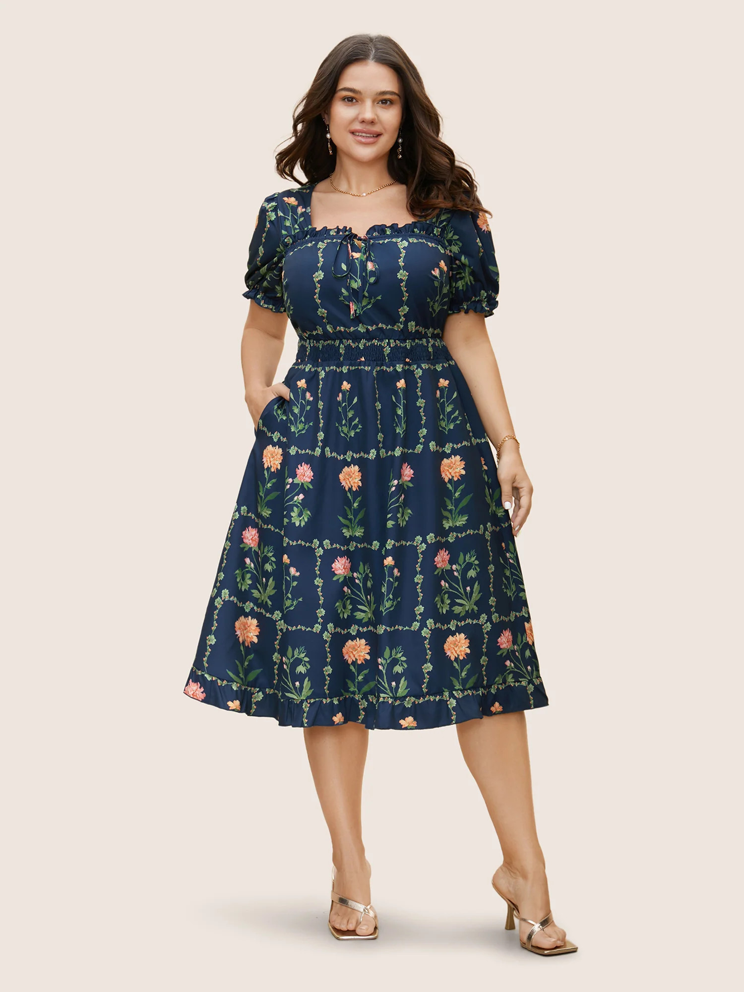 Boho Print Tie Knot Shirred Lantern Sleeve Dress | Bloomchic