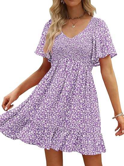 Womens Cute Floral Smocked V Neck Flutter Sleeve Sundress with Pockets Casual Spring Summer Dress... | Amazon (US)