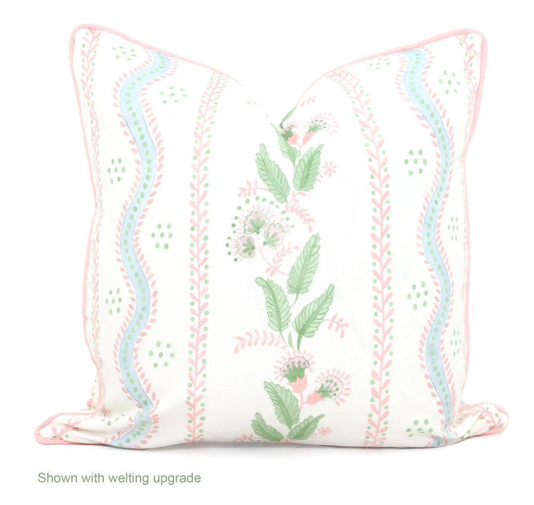 Floral Stripe Pillow Cover: Pink, Blue & Green Cotton Linen Blend - Etsy | Etsy (US)